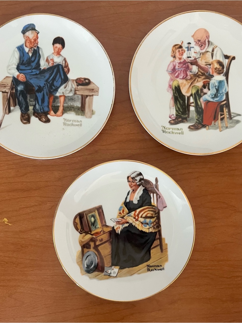 Norman Rockwell Collector Plates - White with Gold Trim and Multicolor Figures